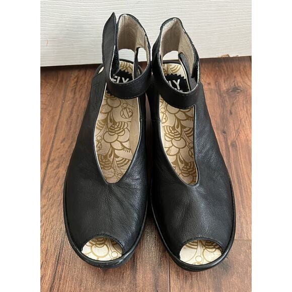 FLY LONDON Yala Black Leather Peep Toe Wedge Ankle Strap Sandals Shoes Sz 39 - Picture 2 of 11